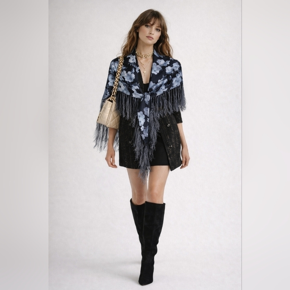 Black Floral Fringe Shawl Sheer Lightweight Evening Wrap 35x35 Chic Women